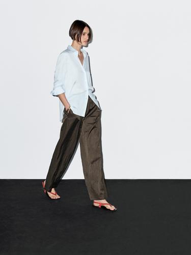 Zara Wide-leg satin trousers with creased effect - Chocolate