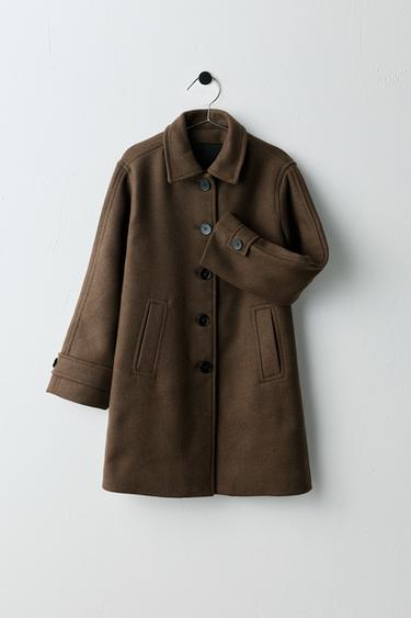 Zara LONG WOOL-BLEND BUTTON-FRONT COAT - Chocolate