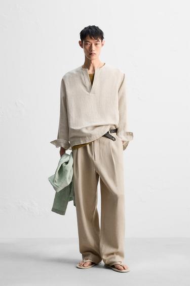 Zara 亞麻混紡紋理 Polo 衫 - 裸色