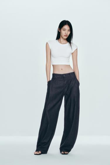 Zara 打褶牛仔長褲 - 深靛青色