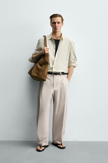 STRAIGHT-LEG POPLIN PLEATED TROUSERS - Pearl / Beige by Zara
