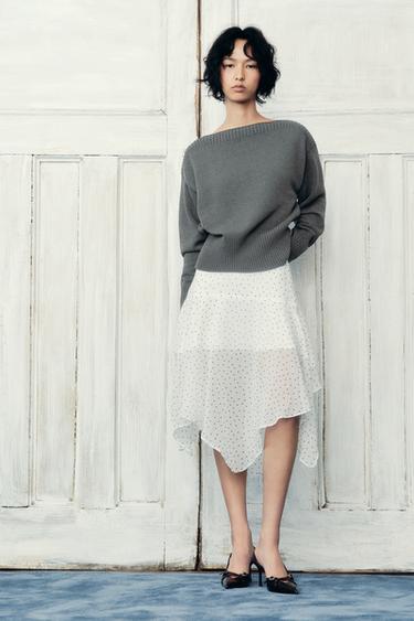 Zara 波點不對稱裙 - 白色 / 黑色