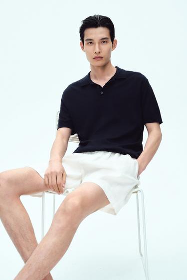 Zara 人造絲混紡針織POLO衫 - 海藍色