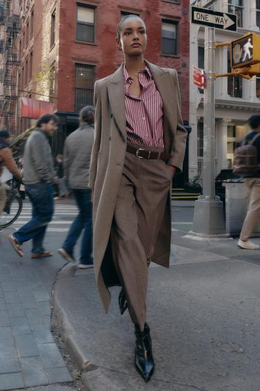 معطف طويل متصالب - فيسون داكن الخاص بـ Zara