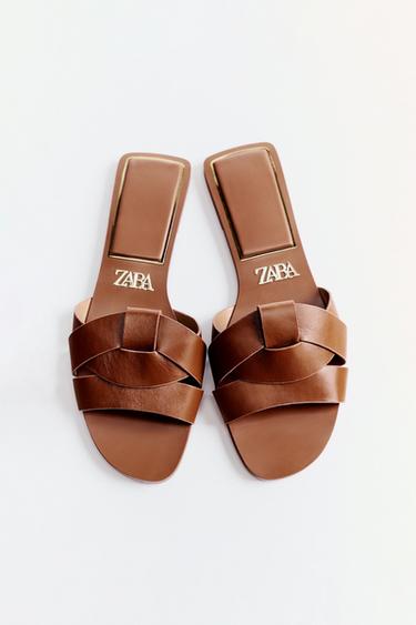 FLAT CRISS-CROSS LEATHER SLIDER SANDALS - Brown by Zara