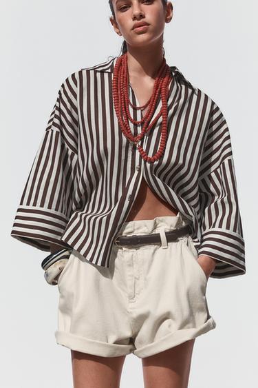 CAMISA MANGA ANCHA CON LINO - marron/blanco de Zara