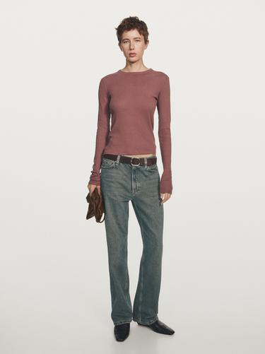 Zara Long sleeve cotton blend T-shirt - Pale pink
