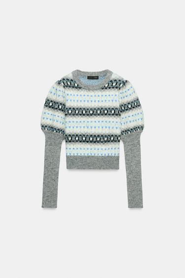 Zara PUFF SLEEVE JACQUARD JUMPER - Gray / Blue