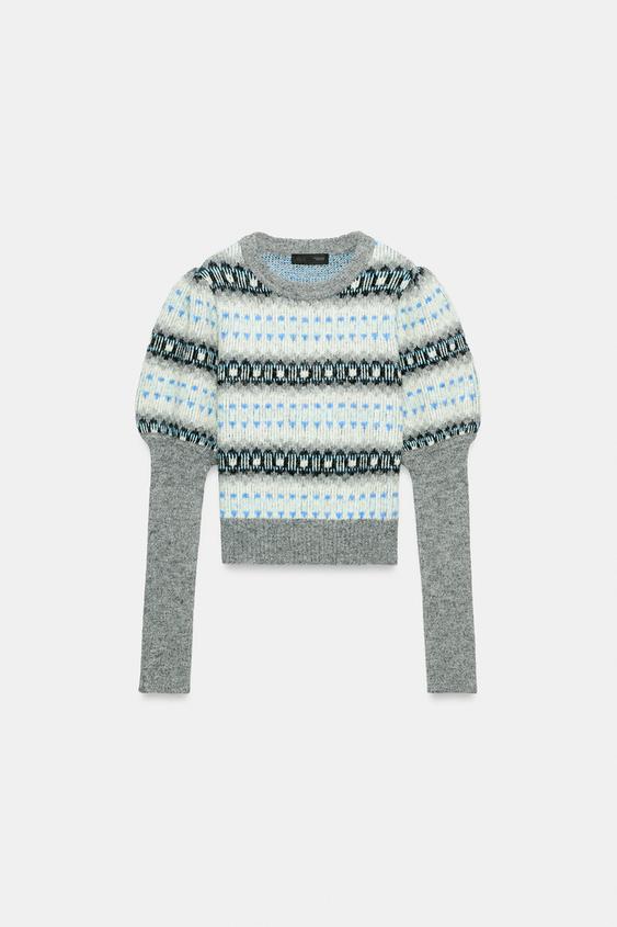 SUÉTER JACQUARD DE MANGA ABALONADA - Cinza / Azul da Zara - Imagem 0
