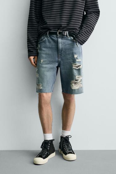 RELAXED FIT RIPPED DENIM BERMUDA SHORTS - Mid-blue by Zara