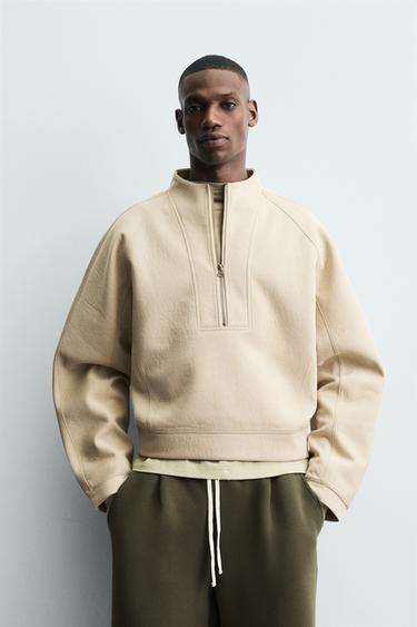 NEOPRENE-EFFECT CROPPED FIT SWEATSHIRT WITH STUD DETAIL - camel by Zara