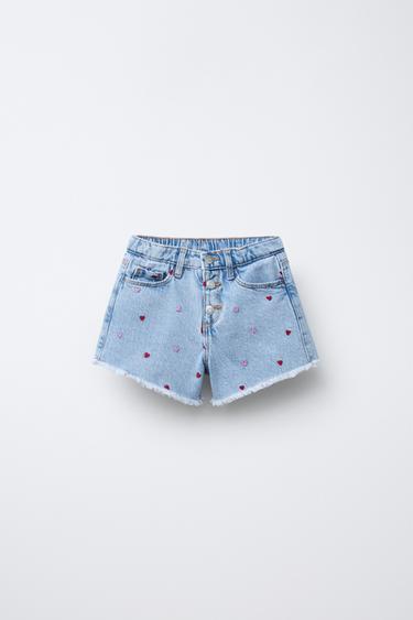 EMBROIDERED HEART DENIM BERMUDA SHORTS - Light blue by Zara