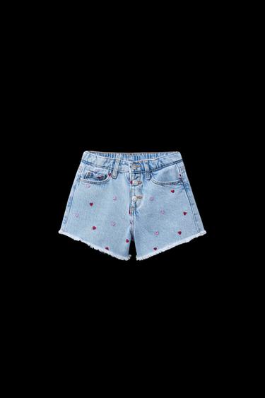Zara HIGH WAIST DENIM SHORTS WITH EMBROIDERED HEARTS - Light blue - Image 0