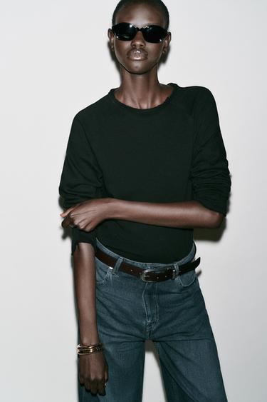 ВЫСТИРАННАЯ ФУТБОЛКА С ДЛИННЫМИ РУКАВАМИ — ЧЕРНЫЙ от Zara