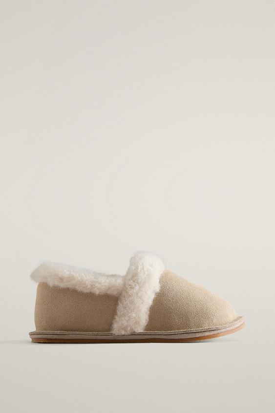 Zara WARM LEATHER KIDS SLIPPERS - Taupe Gray - Image 0