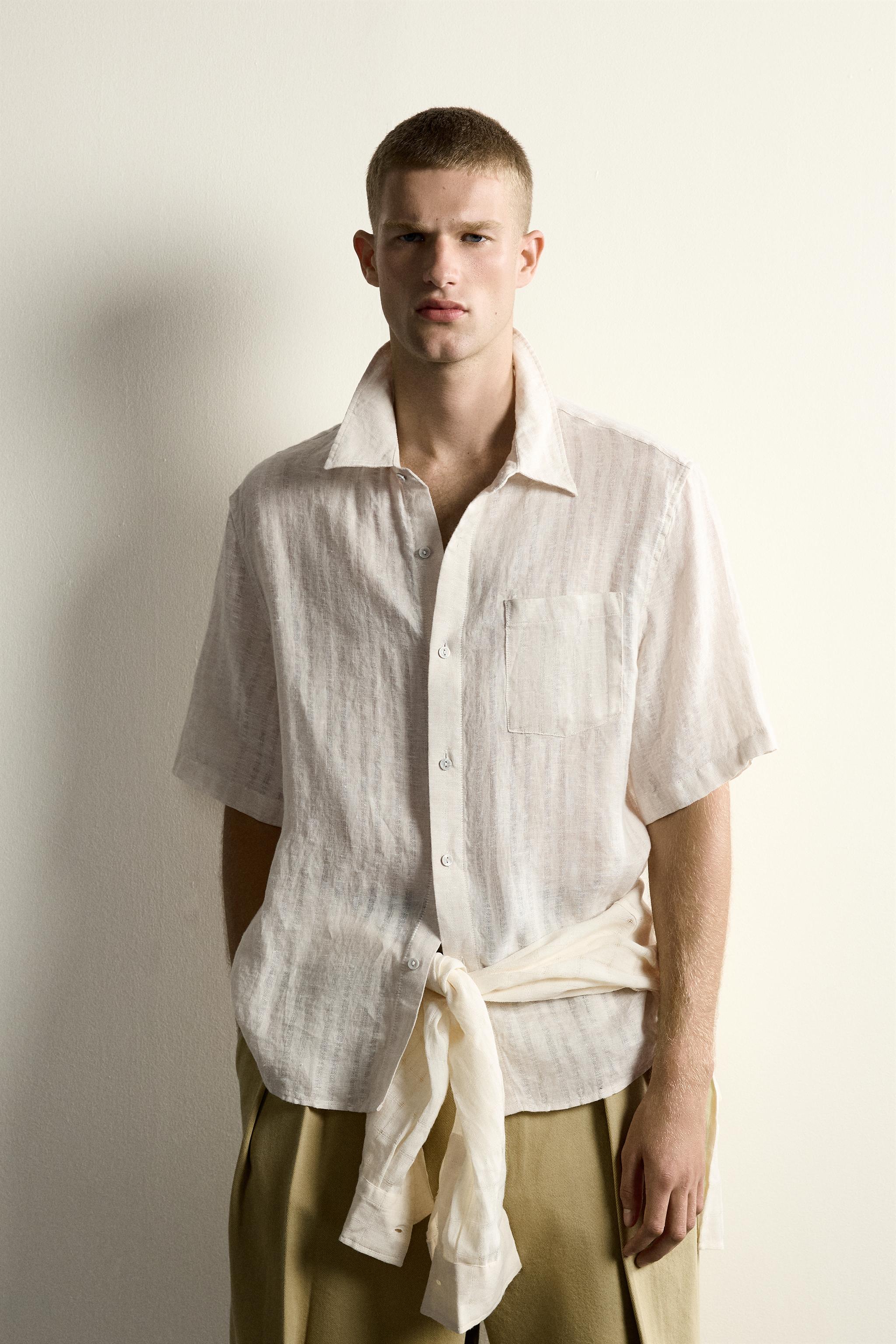 100% LINEN STRIPED JACQUARD SHIRT