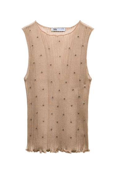 SEMI-SHEER KNIT TOP WITH RHINESTONE BEADS