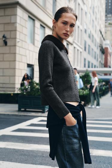 FAUX FUR LAPEL CARDIGAN - Anthracite grey by Zara - Image 3