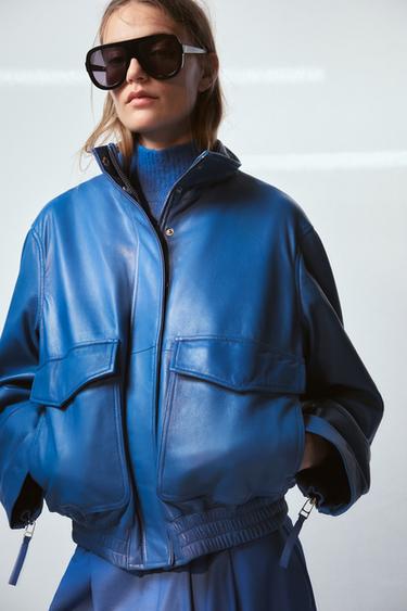 Zara 100% LEATHER BOMBER JACKET ZW COLLECTION - Bluish