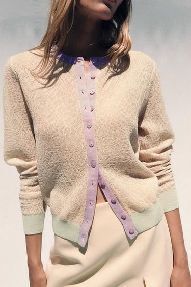 COLOUR BLOCK CARDIGAN - Ecru / Green by Zara - Image 2