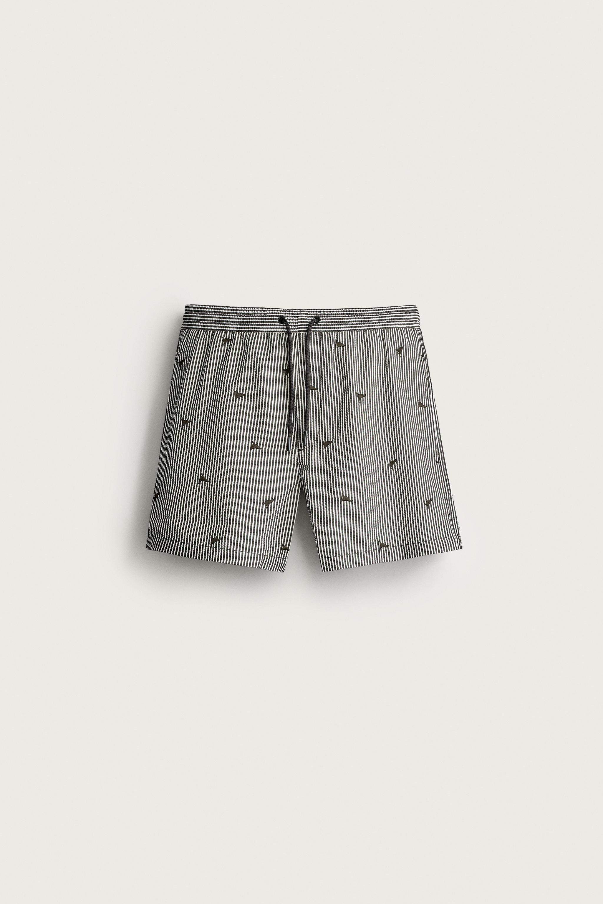 EMBROIDERED SEERSUCKER SWIM SHORTS — Black