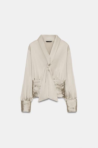 DRAPED SCARF SASH BLOUSE - Stone by Zara