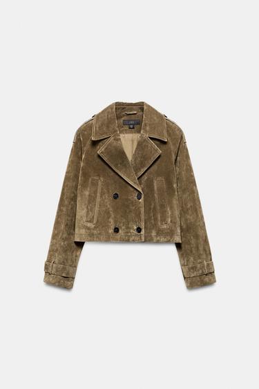 CROPPED DOUBLE-BREASTED 100% LEATHER TRENCH COAT - Dark khaki by Zara