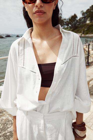 Zara 寬袖嵌花襯衫 - 白色