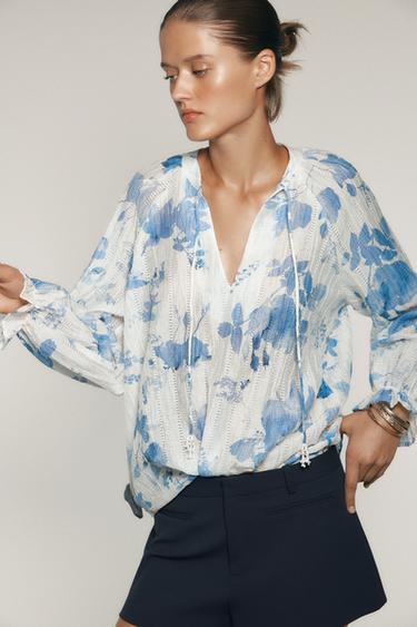 FLORAL BEADED PRINT SHIRT - Blue/White by Zara