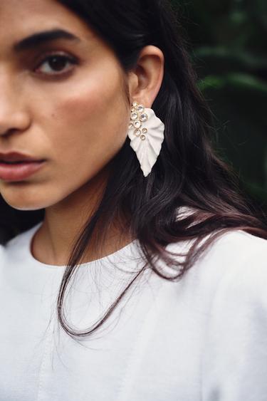 BEJEWELLED LEAF EARRINGS - Cream by Zara - Image 0