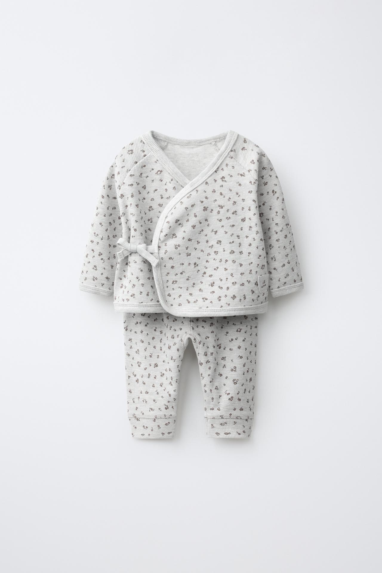 FLORAL WAFFLE TOP AND PANTS SET — Gray marl