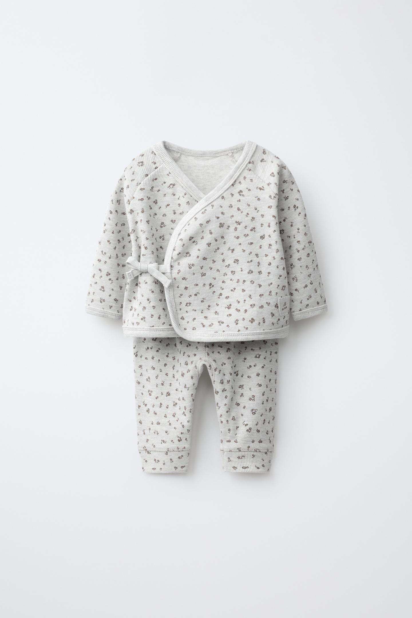 Детский комплект Zara Floral Waffle Top and Pants Set, цвет: Серый меланжевый — фото 1
