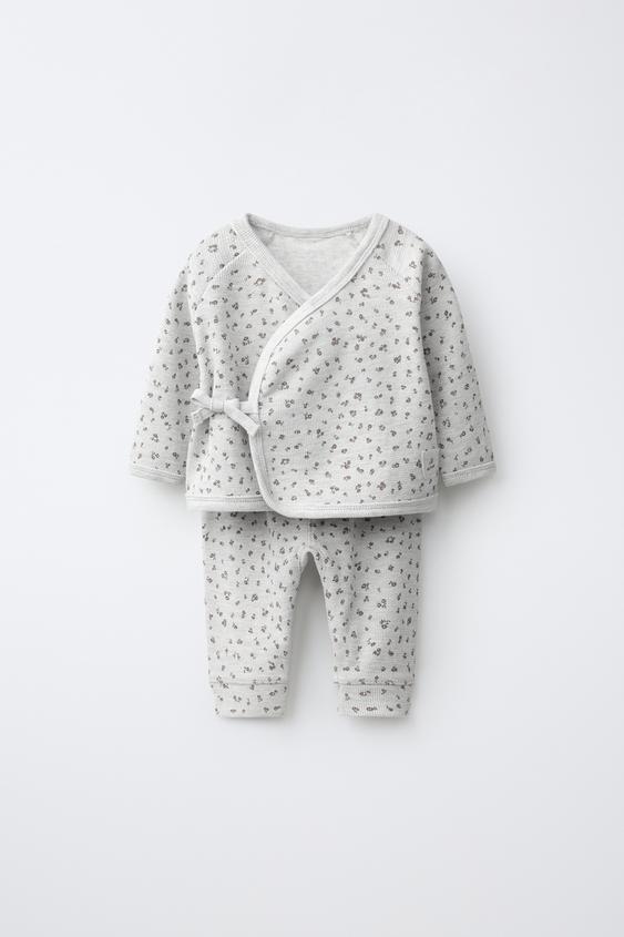 Zaras SET MED TRÖJA OCH BYXA WAFFLE BLOMMIGT MÖNSTER - Gråmelerad - Bild 0