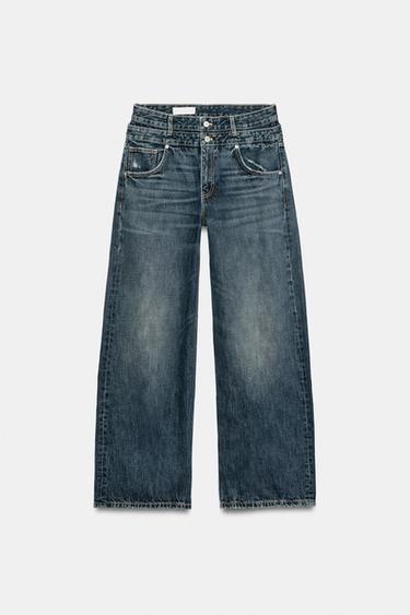 Zara TRF STRAIGHT-LEG MID-RISE DOUBLE WAISTBAND JEANS - Blue
