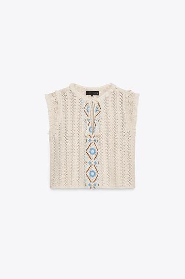 EMBROIDERED CROCHET TOP - Ecru by Zara