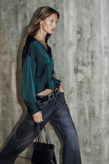 SATIN BLOUSE WITH THIN BELT - Duck green by Zara - Image 0