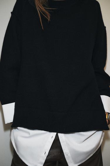 PULL EN MAILLE BIMATIÈRE POPELINE - Bleu marine / Blanc de Zara - Image 4