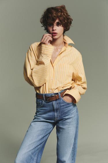 KOSZULA OVERSIZE W PRĄŻKI Z POPELINY - Musztardowy Zara