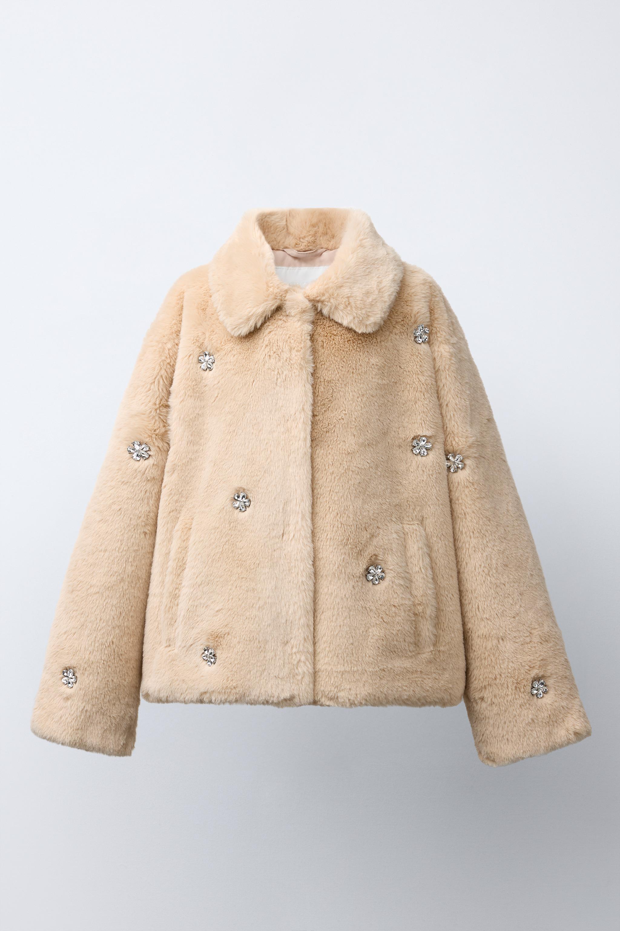 SHORT FAUX FUR COAT WITH JEWEL DETAILS - Caramel | ZARA Singapore