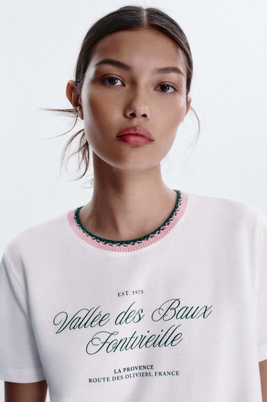 Zara TEXT T-SHIRT WITH KNIT COLLAR - White