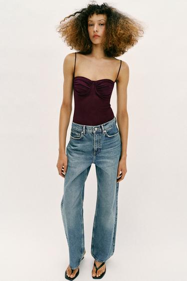 TULLE BODYSUIT WITH GATHERING - Dark aubergine by Zara