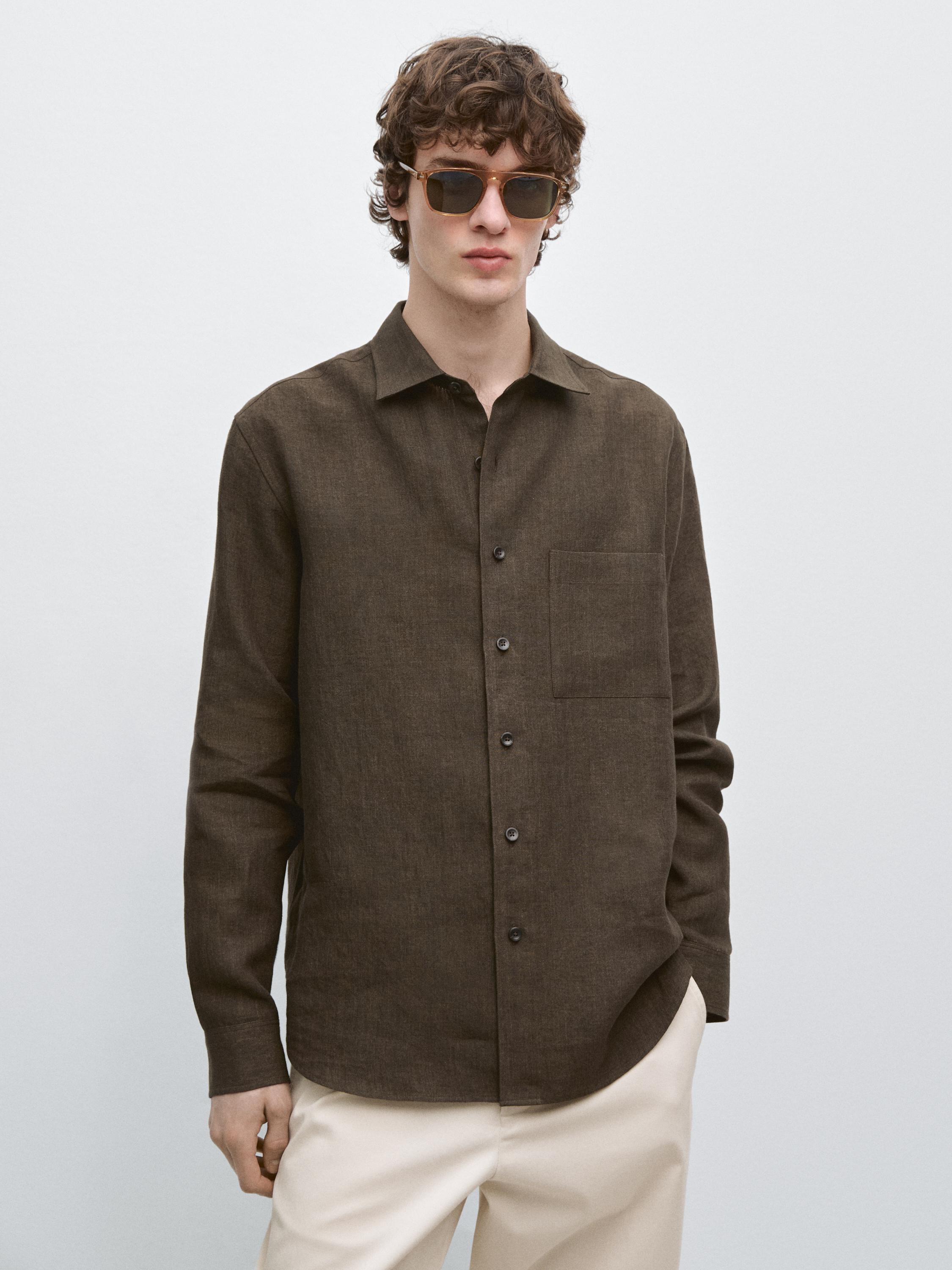Regular fit faded linen shirt with pocket detail