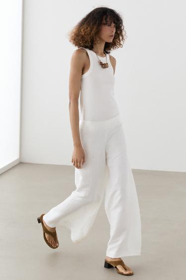 Pantalon palazzo en lin mélangé - Blanc cassé de Zara