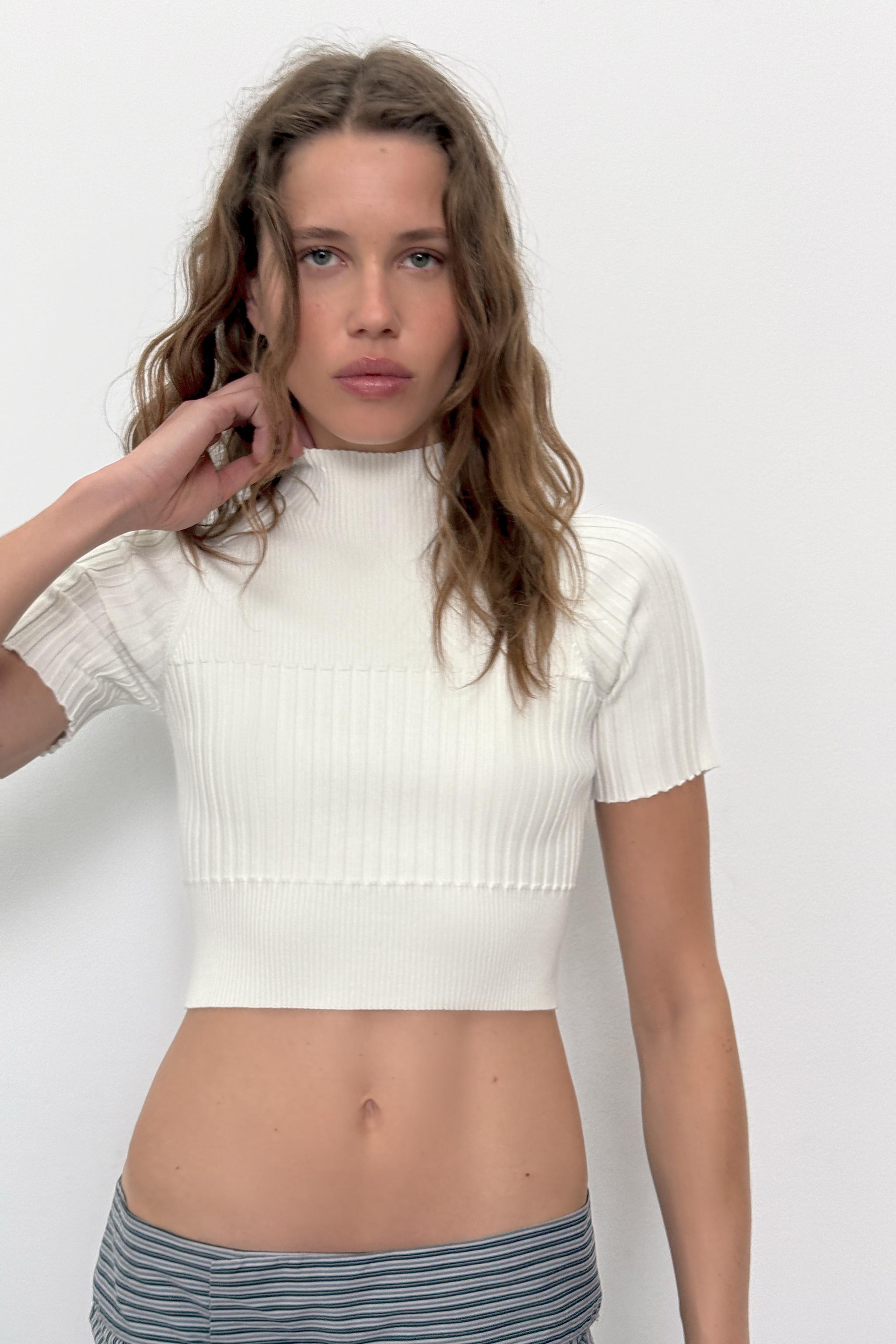 リブ編みニットクロップド丈トップス - ホワイト | ZARA Japan / 日本