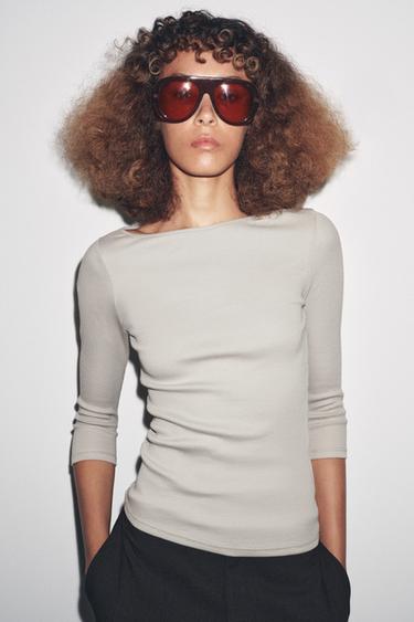 Zara COTTON BOAT NECK T-SHIRT - Sand