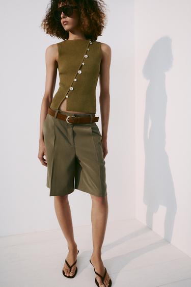 Zara ASYMMETRIC BUTTON KNIT TOP - Dark khaki