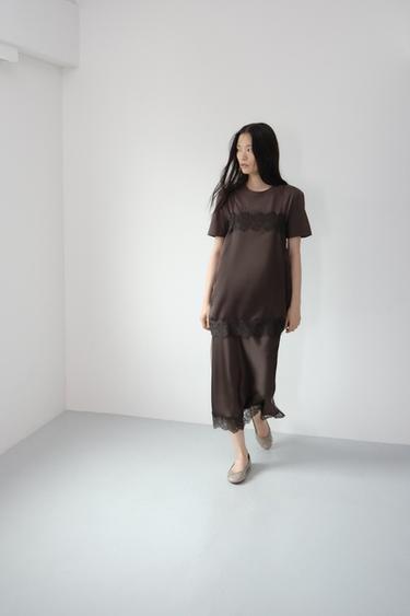 ZW COLLECTION SATIN LACE SKIRT - Dark brown by Zara