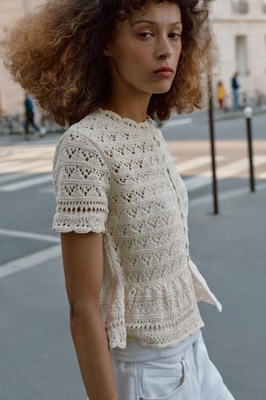 POINTELLE SHORT SLEEVE CARDIGAN - Ecru by Zara - Image 2