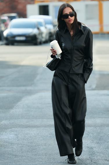 FAUX LEATHER FITTED SHIRT — Black 1