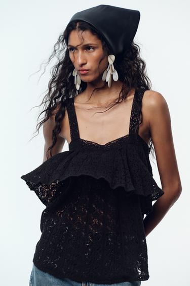 Zara POINTELLE KNIT RUFFLE TOP - Black
